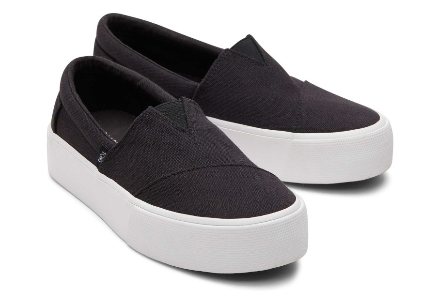 Femme TOMS Sneakers | Fenix Platform Black Canvas Slip On Sneaker Toile Noire