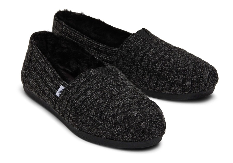 Femme TOMS Slip-Ons | Alpargata En Maille Cotelee Noire Et Fausse Fourrure Rib Knit Black