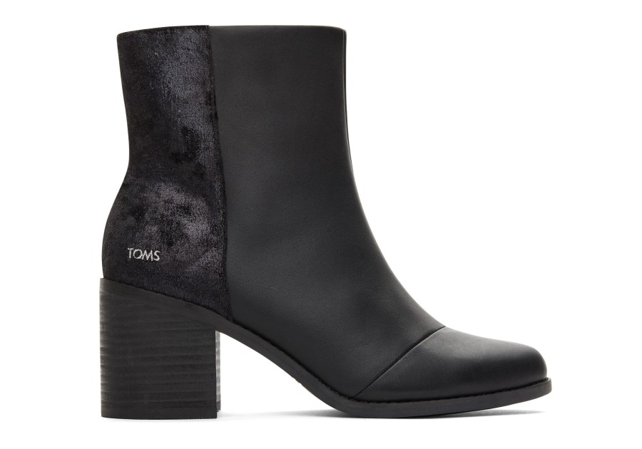 Femme TOMS Bottes | Bottine A Talon Evelyn En Cuir Noir Avec Details Duveteux Metallises Leather Black Plush Foil